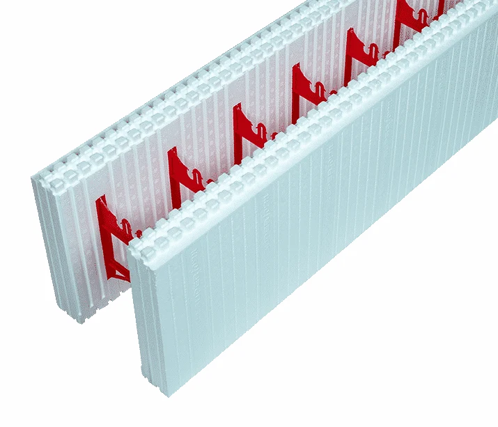 SuperForm Standard Block showing foam panels, top interlocks and red connecting ties